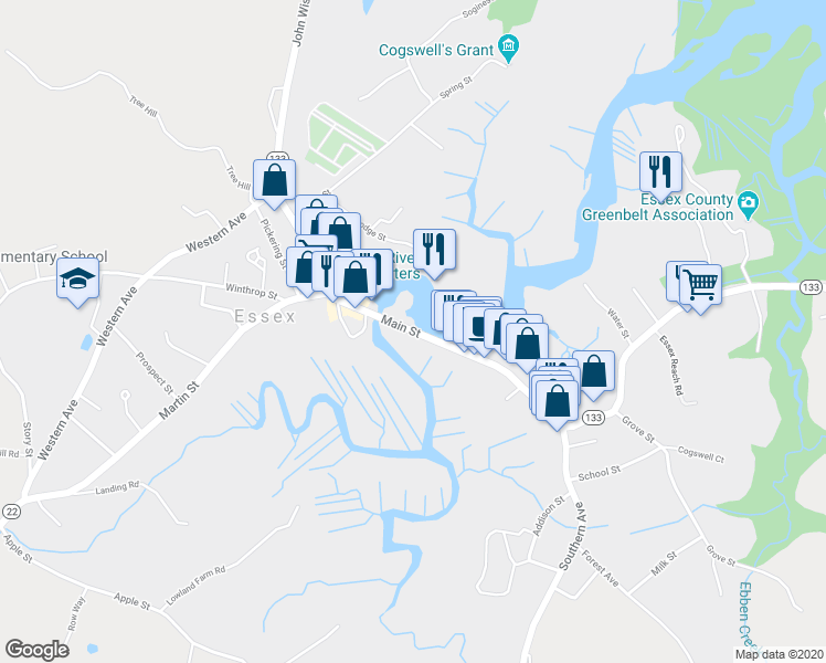 map of restaurants, bars, coffee shops, grocery stores, and more near 112 Main Street in Essex