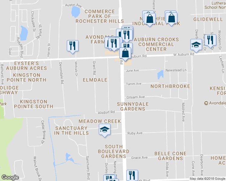 map of restaurants, bars, coffee shops, grocery stores, and more near 3243 Donley Avenue in Rochester Hills