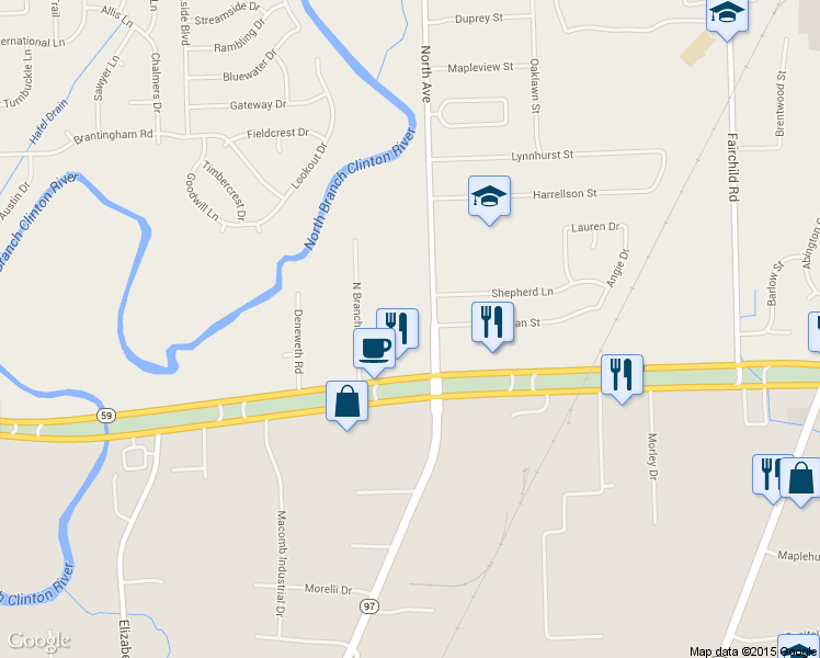 map of restaurants, bars, coffee shops, grocery stores, and more near 45301 North Avenue in Macomb