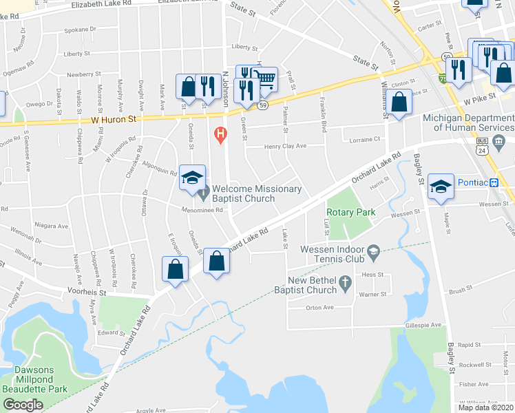 map of restaurants, bars, coffee shops, grocery stores, and more near 81 Stout Street in Pontiac