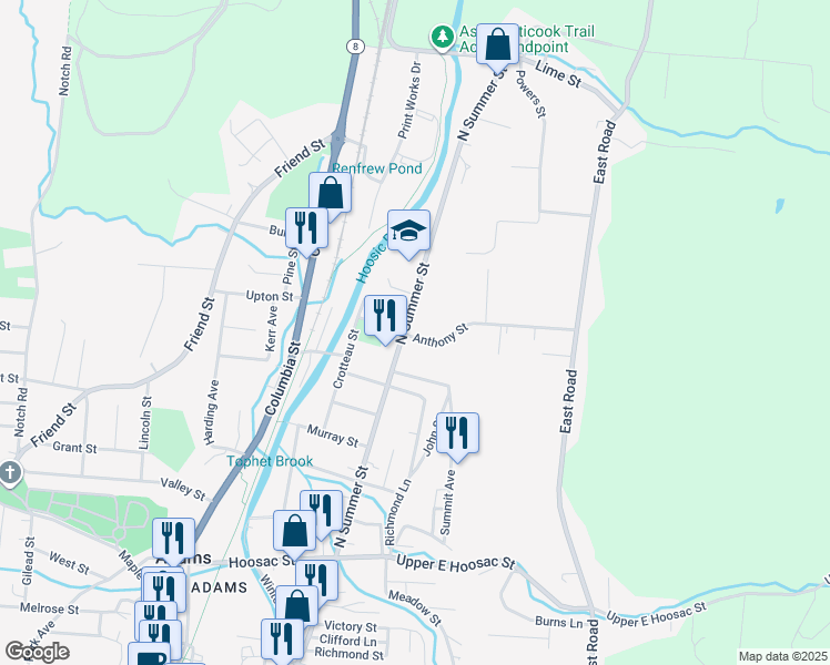 map of restaurants, bars, coffee shops, grocery stores, and more near 85 N Summer St in Adams