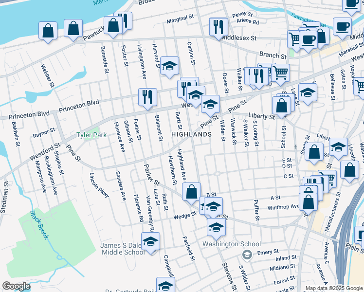 map of restaurants, bars, coffee shops, grocery stores, and more near 224 Pine Street in Lowell