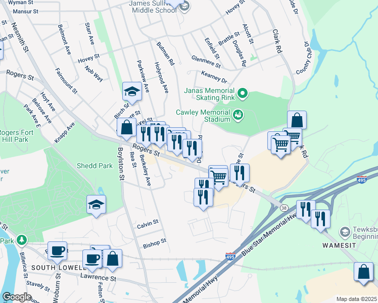 map of restaurants, bars, coffee shops, grocery stores, and more near 8 Allen Street in Lowell