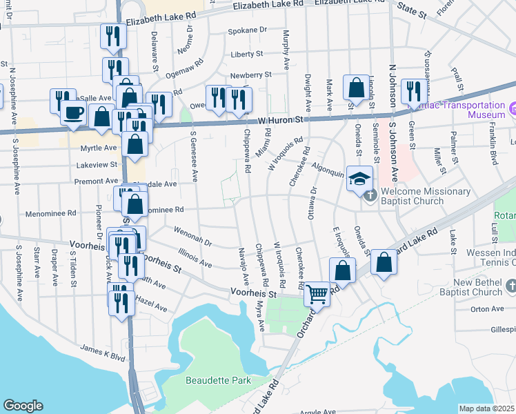 map of restaurants, bars, coffee shops, grocery stores, and more near 141 Chippewa Road in Pontiac
