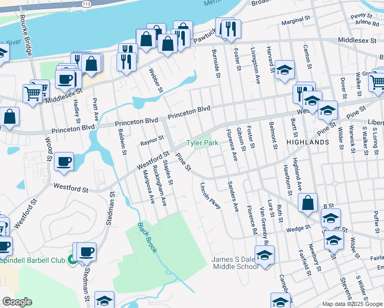 map of restaurants, bars, coffee shops, grocery stores, and more near 98 Tyler Park in Lowell