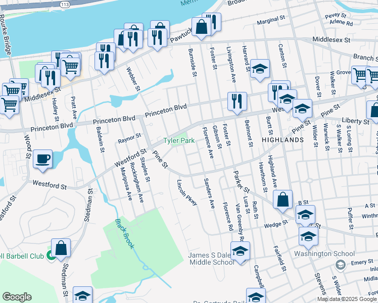 map of restaurants, bars, coffee shops, grocery stores, and more near 18 Georgia Avenue in Lowell