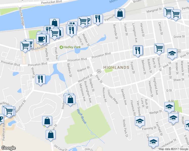 map of restaurants, bars, coffee shops, grocery stores, and more near 530 Pine Street in Lowell