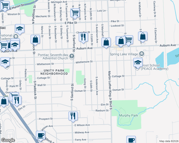 map of restaurants, bars, coffee shops, grocery stores, and more near 236 South Edith Street in Pontiac
