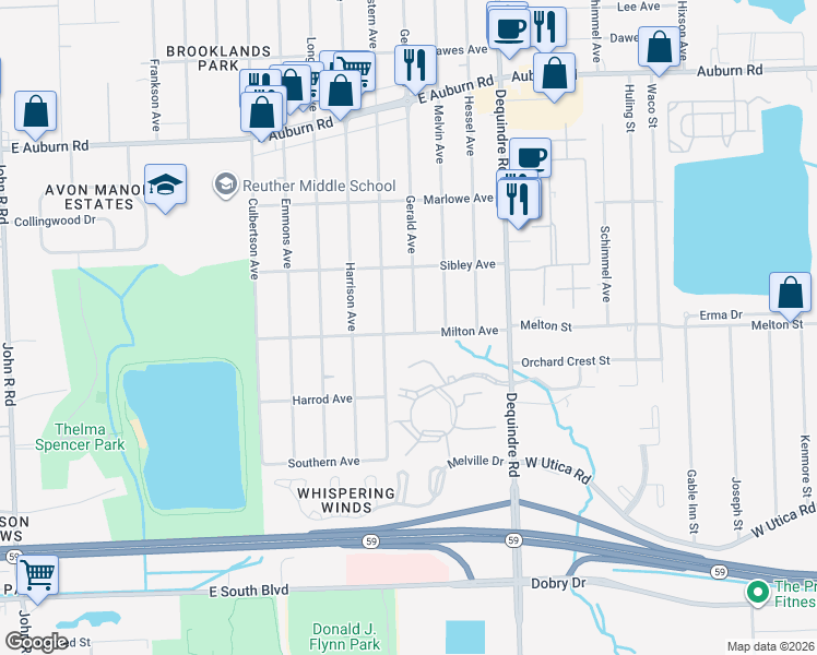map of restaurants, bars, coffee shops, grocery stores, and more near 3390 Gerald Avenue in Rochester Hills