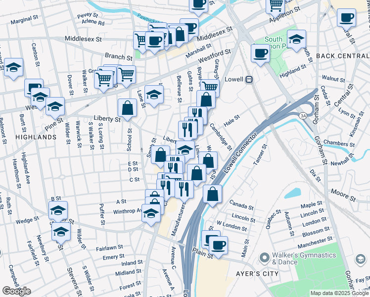 map of restaurants, bars, coffee shops, grocery stores, and more near 299 Chelmsford Street in Lowell