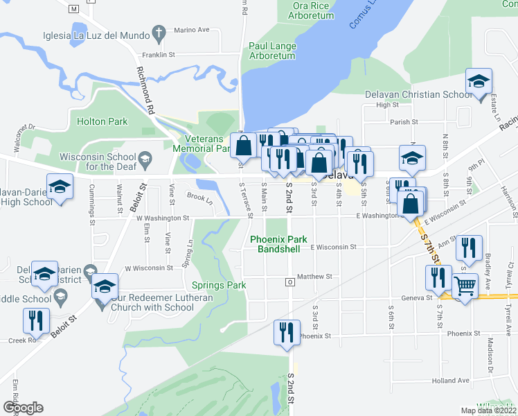 map of restaurants, bars, coffee shops, grocery stores, and more near 132 South Main Street in Delavan