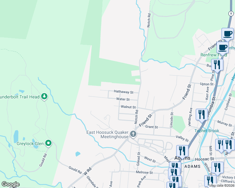 map of restaurants, bars, coffee shops, grocery stores, and more near 50 Greylock Avenue in Adams