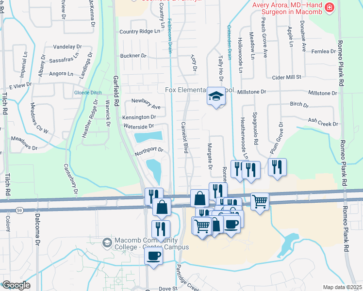 map of restaurants, bars, coffee shops, grocery stores, and more near 17031 Brookhurst Street in Macomb