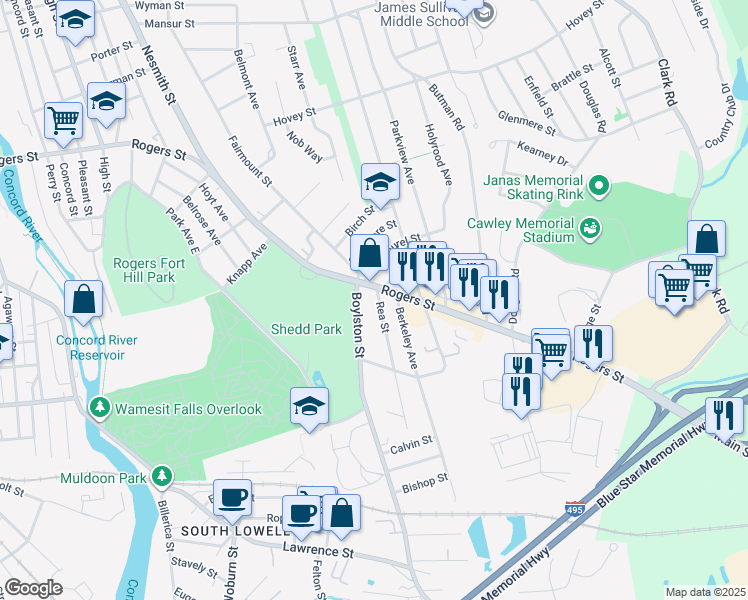 map of restaurants, bars, coffee shops, grocery stores, and more near 11 Rea Street in Lowell