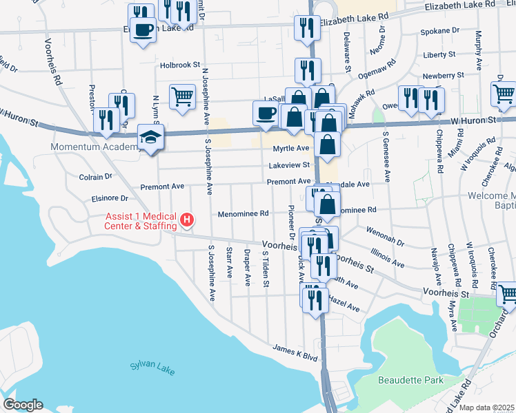 map of restaurants, bars, coffee shops, grocery stores, and more near 115 Draper Avenue in Waterford Township