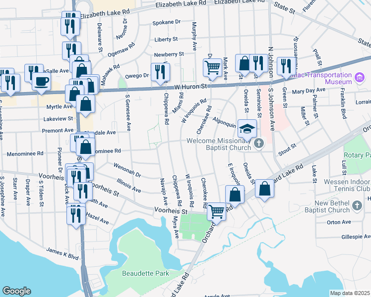 map of restaurants, bars, coffee shops, grocery stores, and more near 154 Cherokee Road in Pontiac
