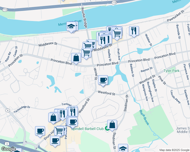 map of restaurants, bars, coffee shops, grocery stores, and more near 451 Black Brook Drive in Lowell