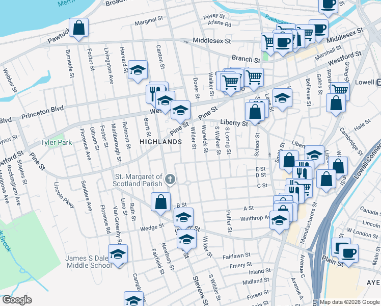 map of restaurants, bars, coffee shops, grocery stores, and more near 509 Wilder Street in Lowell