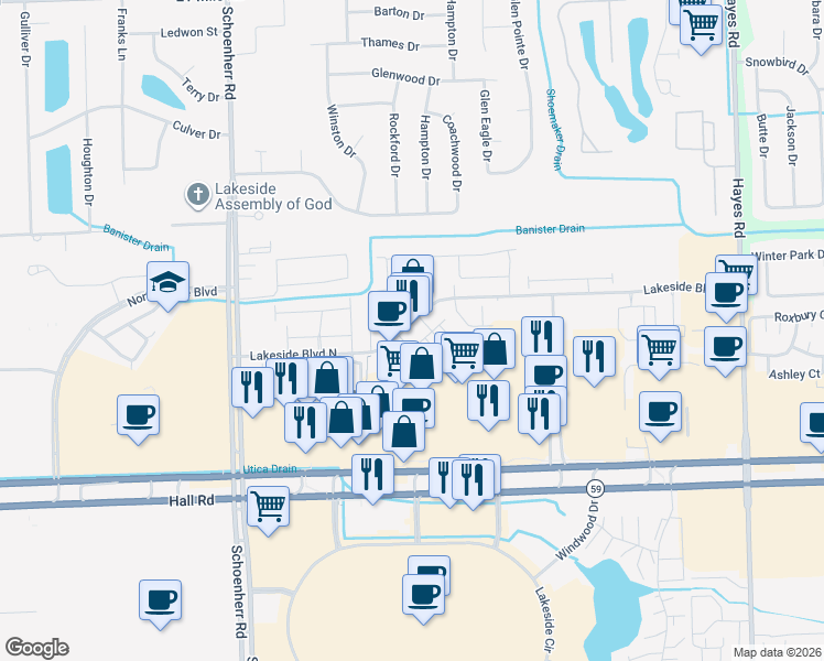 map of restaurants, bars, coffee shops, grocery stores, and more near 13957 Hall Road in Macomb County
