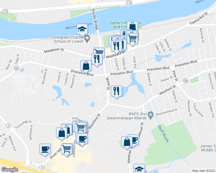 map of restaurants, bars, coffee shops, grocery stores, and more near 410 Black Brook Drive in Lowell