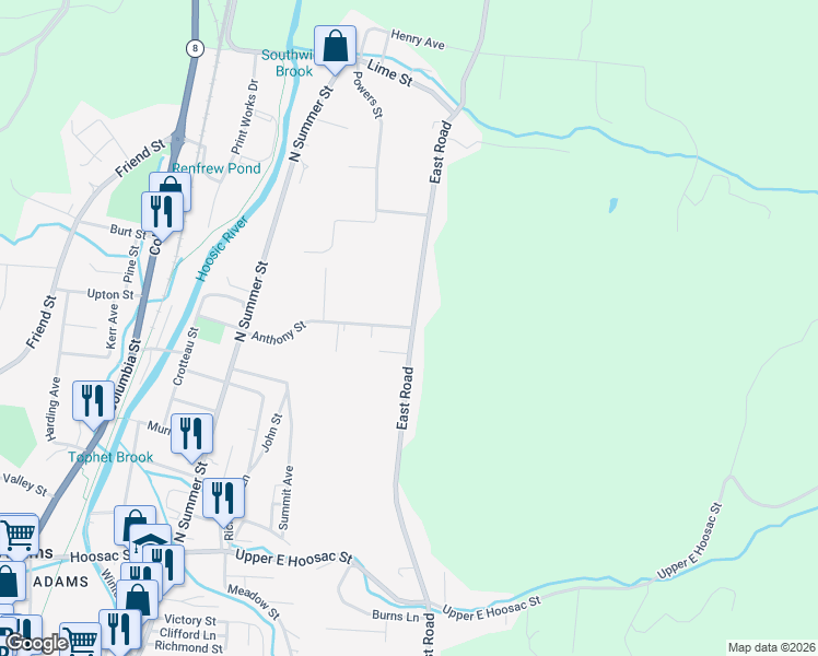 map of restaurants, bars, coffee shops, grocery stores, and more near 10 Anthony St in Adams