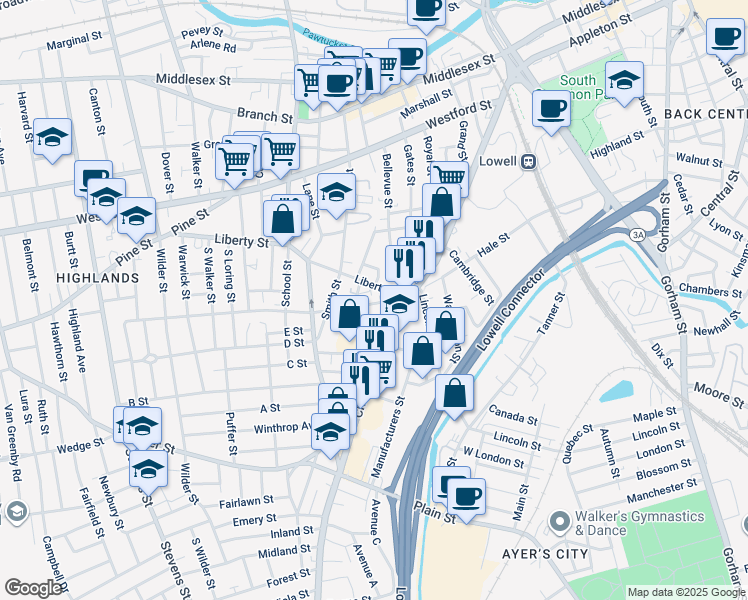 map of restaurants, bars, coffee shops, grocery stores, and more near 23 Arthur Street in Lowell