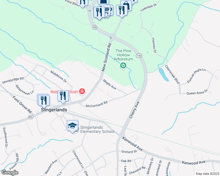 map of restaurants, bars, coffee shops, grocery stores, and more near 17 Maple Avenue in Slingerlands