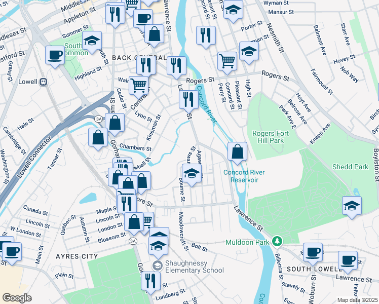 map of restaurants, bars, coffee shops, grocery stores, and more near 27 Andrews Street in Lowell