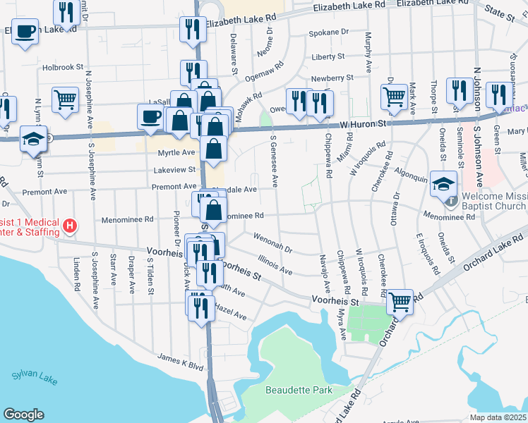 map of restaurants, bars, coffee shops, grocery stores, and more near 802 Menominee Road in Pontiac