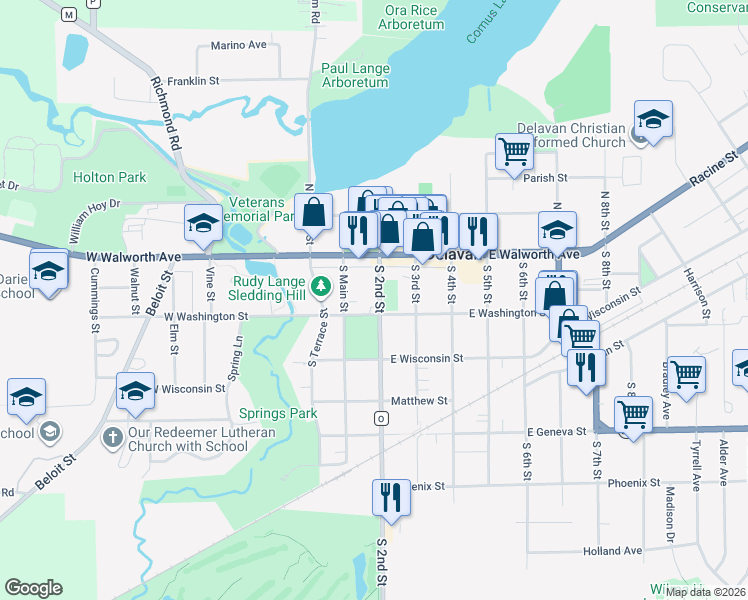 map of restaurants, bars, coffee shops, grocery stores, and more near 128 County Road O in Delavan