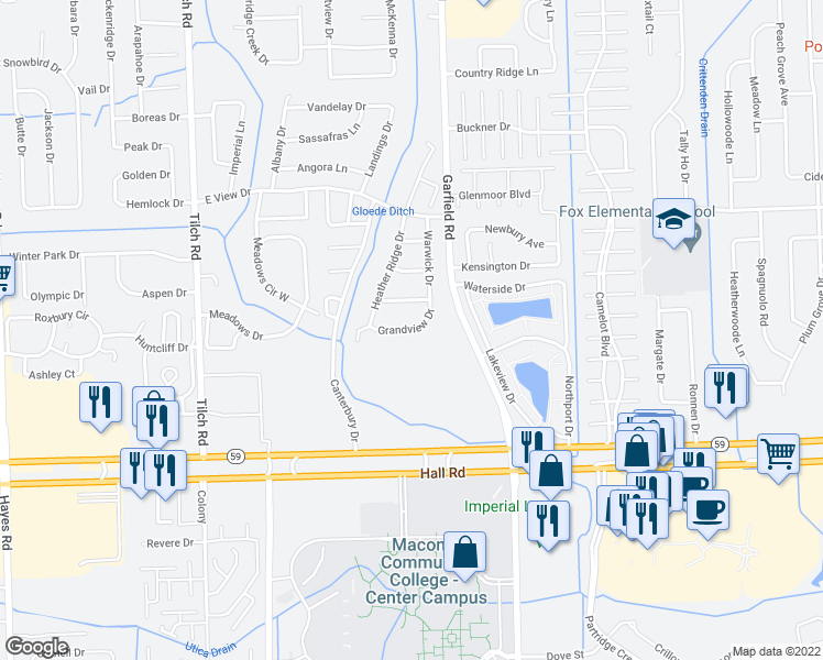 map of restaurants, bars, coffee shops, grocery stores, and more near Grandview Drive in Macomb