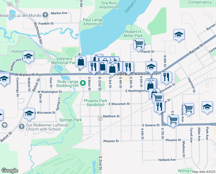 map of restaurants, bars, coffee shops, grocery stores, and more near 130 South 3rd Street in Delavan