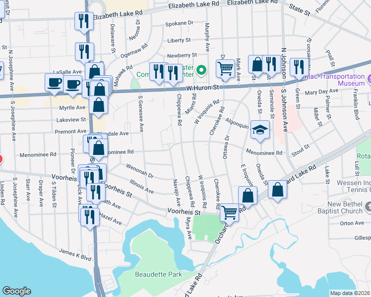 map of restaurants, bars, coffee shops, grocery stores, and more near 141 Chippewa Road in Pontiac