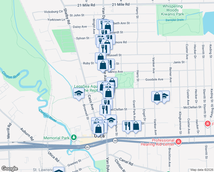 map of restaurants, bars, coffee shops, grocery stores, and more near 45616 Van Dyke Avenue in Utica