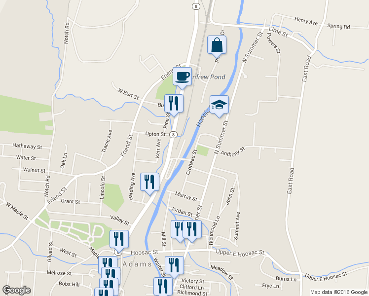 map of restaurants, bars, coffee shops, grocery stores, and more near 15 Albert St in Adams