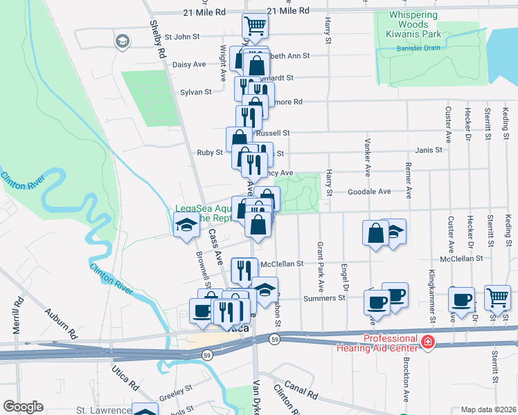 map of restaurants, bars, coffee shops, grocery stores, and more near 45616 Van Dyke Avenue in Utica