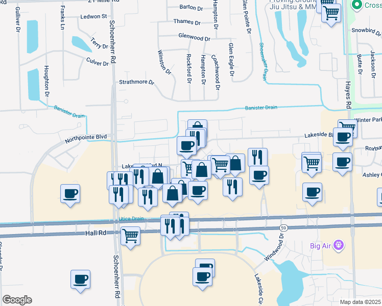 map of restaurants, bars, coffee shops, grocery stores, and more near 14109 Lakeside Boulevard North in Shelby charter Township