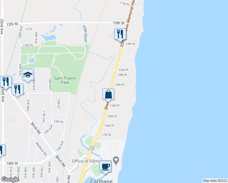 map of restaurants, bars, coffee shops, grocery stores, and more near 1455 Sheridan Road in Kenosha