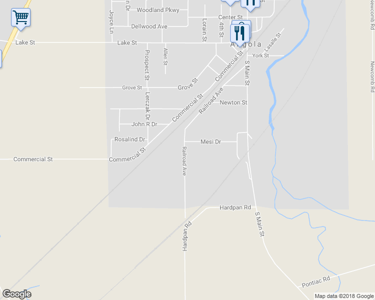 map of restaurants, bars, coffee shops, grocery stores, and more near 58 Railroad Avenue in Angola