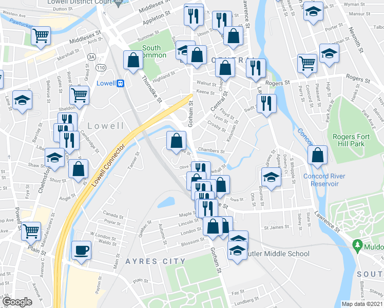 map of restaurants, bars, coffee shops, grocery stores, and more near 762 Gorham Street in Lowell