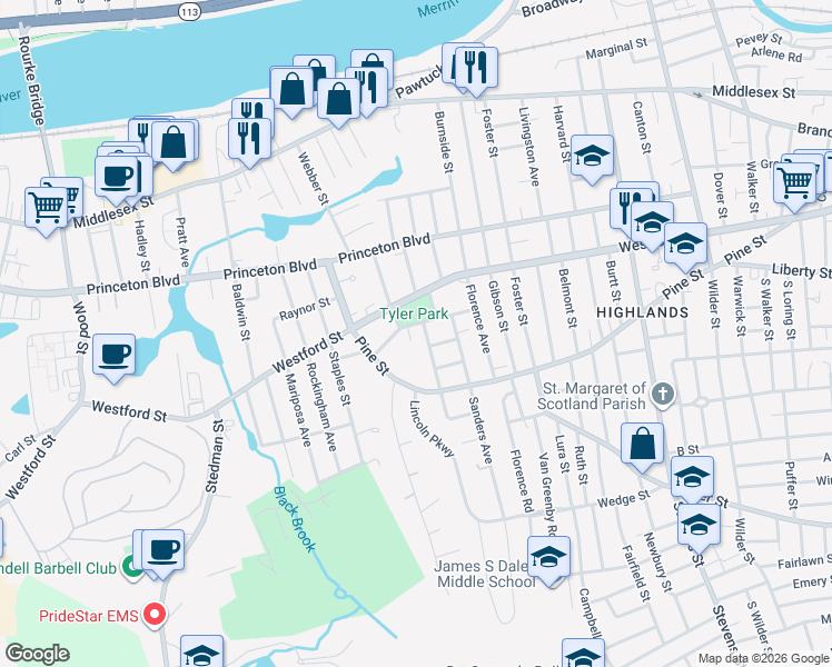 map of restaurants, bars, coffee shops, grocery stores, and more near 18 Georgia Avenue in Lowell