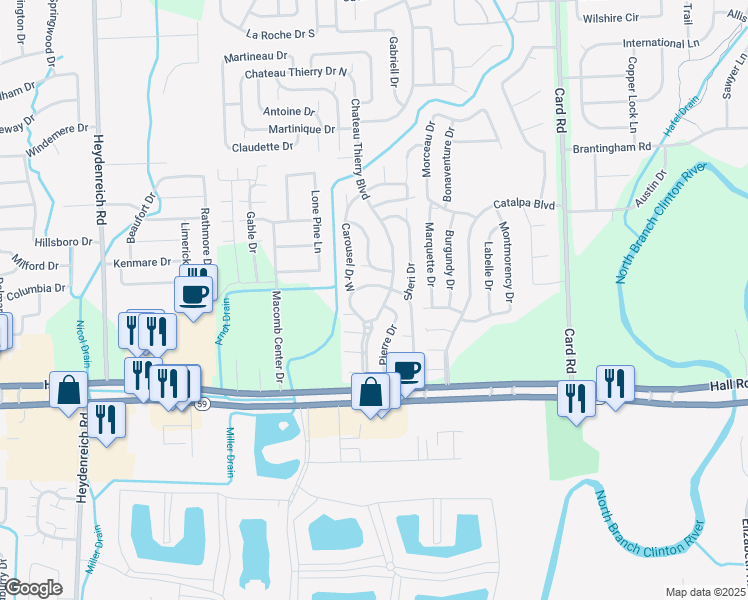 map of restaurants, bars, coffee shops, grocery stores, and more near 21300 Chalet Drive in Macomb