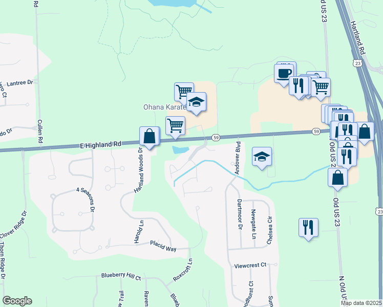 map of restaurants, bars, coffee shops, grocery stores, and more near 1871 Oak Brooke Drive in Howell
