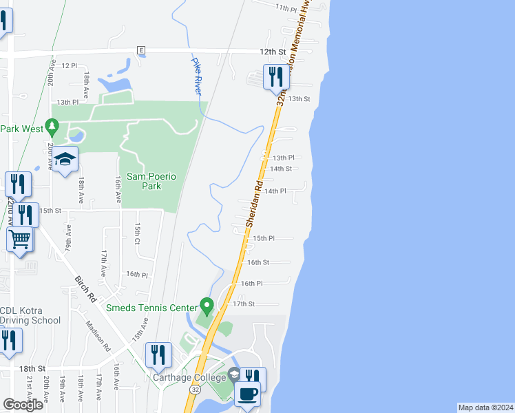 map of restaurants, bars, coffee shops, grocery stores, and more near 1455 Sheridan Road in Kenosha