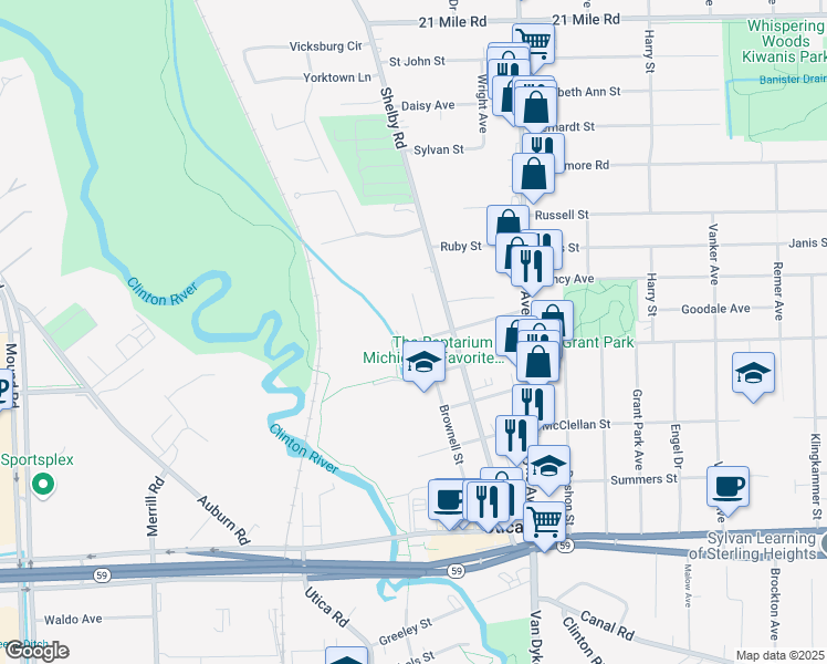 map of restaurants, bars, coffee shops, grocery stores, and more near 45821 Brownell Street in Utica