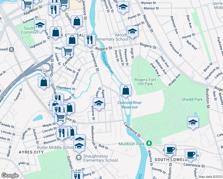 map of restaurants, bars, coffee shops, grocery stores, and more near 777 Lawrence Street in Lowell