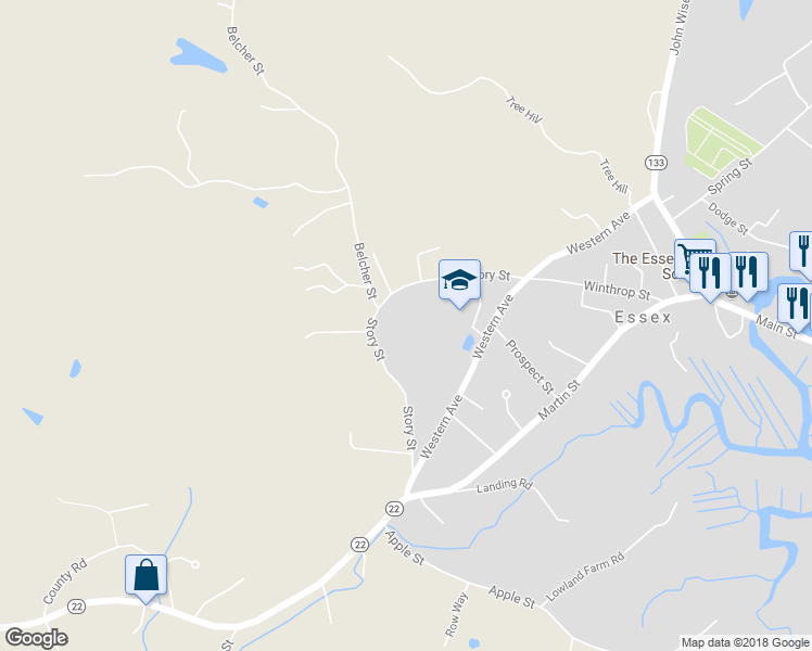 map of restaurants, bars, coffee shops, grocery stores, and more near 36 Story Street in Essex