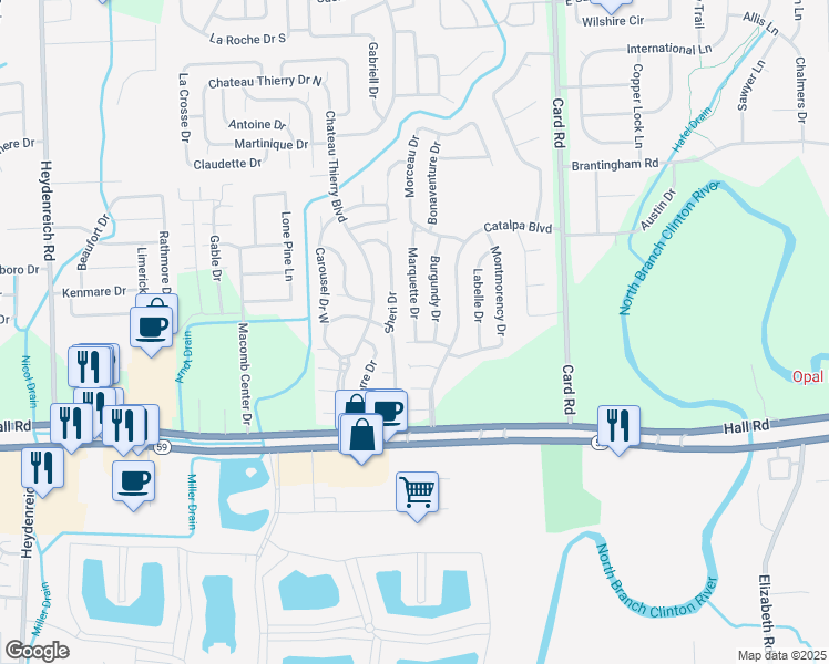 map of restaurants, bars, coffee shops, grocery stores, and more near 45200-45698 Marquette Drive in Macomb