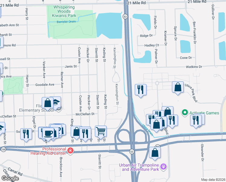 map of restaurants, bars, coffee shops, grocery stores, and more near 45592 Keding Street in Utica