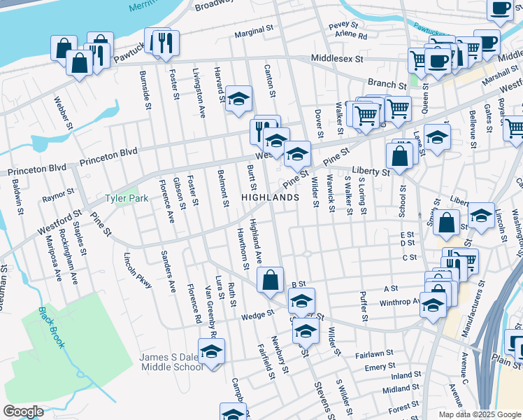 map of restaurants, bars, coffee shops, grocery stores, and more near 206 Pine Street in Lowell